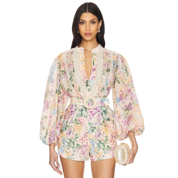 Zimmermann Halliday Floral Lace Trim Balloon Sleeve Cotton Shirt 8 US NWT - Picture 1 of 15